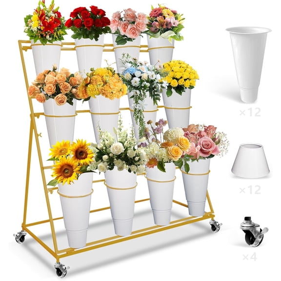 Flower Stand with 12 Buckets, White Flower Cart Display Stand with Wheels, 3 Layers Metal Flower Bar for Florist Bouquet Shelf Weddings Party Ceremony Indoor Outdoor Patio Garden (Gold)