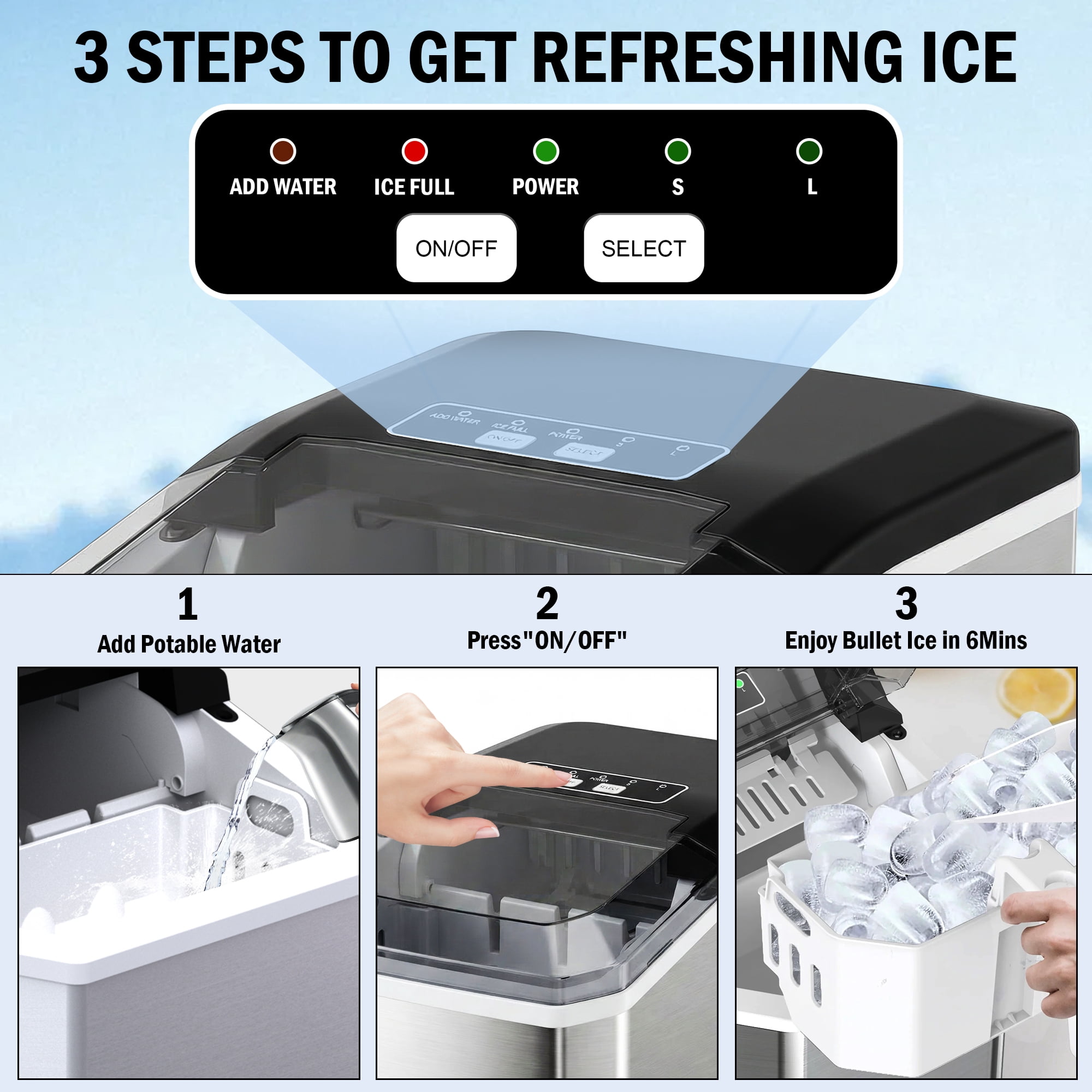 Countertop Ice Maker Machine, 26lbs/24H Portable Ice Maker with Self-Cleaning, 9 Bullet Ice Cubes Ready in 6 Mins, Quiet Ice Machine with Handle, Basket and Scoop for Home, Kitchen, RV