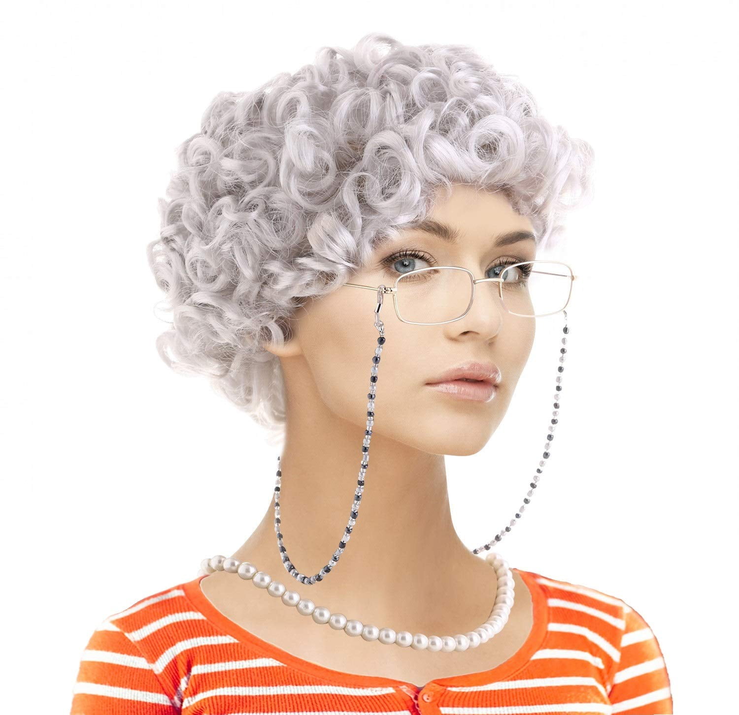 Old Lady Costume Set Grandmother Wig Wig Caps Madea Granny Glasses Eyeglass Retainer Chain