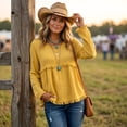 thumbnail image 5 of Linen Blouses for Women Summer Cute Fringe Long Sleeve Modest Tunic Tops Casual Y2k Baggy Crew Neck Plain T Shirts Yellow L, 5 of 7