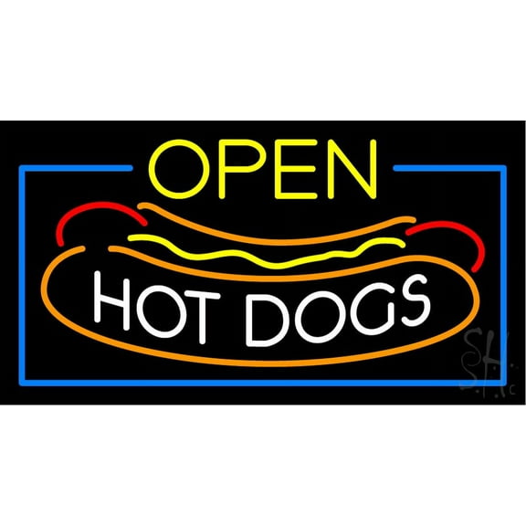 Open Hot Dogs LED Neon Sign 13 x 24 - inches, Clear Edge Cut Acrylic Backing, with Dimmer - Bright and Premium built indoor LED Neon Sign for restaurant window and interior decor.