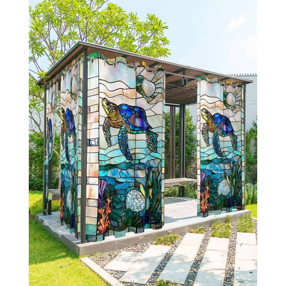 nqOlkjepod Outdoor Curtains for Patio Waterproof, Summer Sea Turtle Outdoor Privacy Panels Grommet, Stained Glass Ocean Jellyfish Coral Blackout Outside Curtains for Porch/Cabana 54"x95", 1 Panel