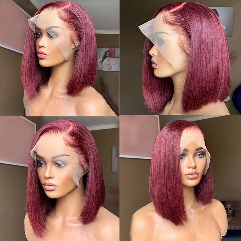 99J Red Wig Burgandy Human Hair Wigs Straight Bob Wig Colored Human Hair 13x4 Lace Frontal Wigs PrePlucked Wigs for Women