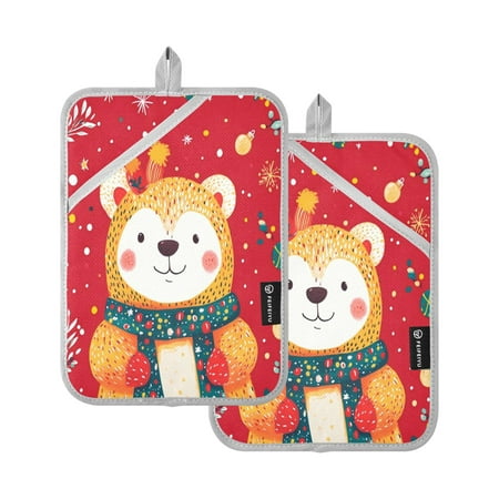 

Two Pieces Of Square Heat Insulation Pad Oven Mitts 7x9.8 Inch Oven Microwave Kitchen Cooking Baking Cute Red Christmas Bear