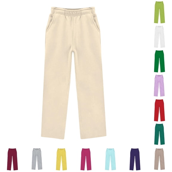 Weebloom Wide Leg Pants For Girls Stretch Soft Casual Pants Elastic Waistband Playwear For Toddlers And Kids Trousers Beige 9-10 Years
