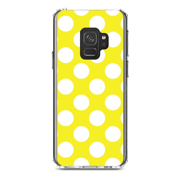 DistinctInk Clear Shockproof Hybrid Case for Samsung Galaxy S9 (5.8" Screen) - TPU Bumper, Acrylic Back, Tempered Glass Screen Protector - White & Yellow Polka Dots