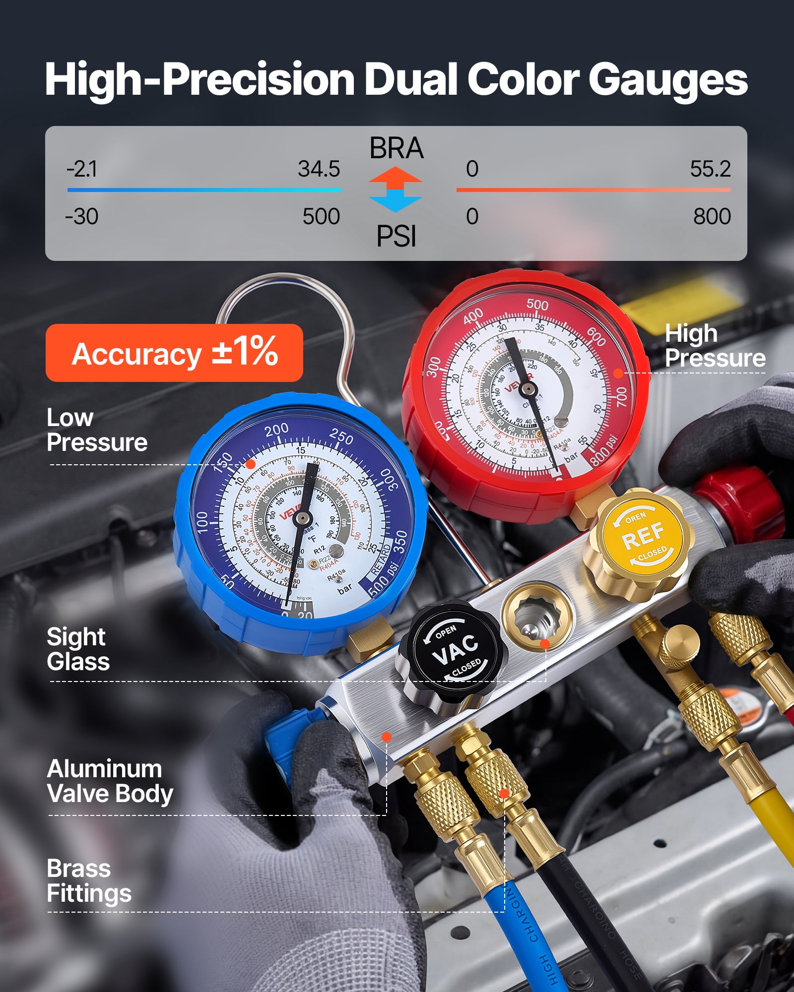 VEVOR AC Manifold Gauge Set for R22 R404A R410A R12 Refrigerants, 4 Way AC Gauges with 5 ft Hoses for Automotive & Household Air Conditioning Maintenance, Evacuation Vacuuming Charging and Recovery