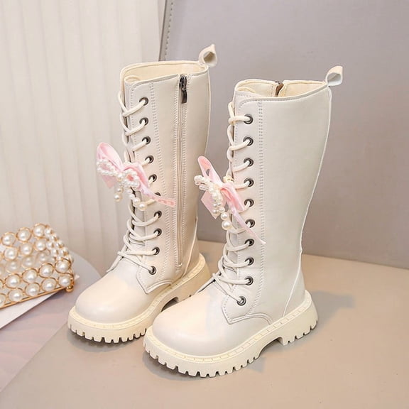 Eltusu Girls Winter Boots Mid Calf, Non-Slip Waterproof Princess Lace-up Riding Boots White Size 13 Big Kids