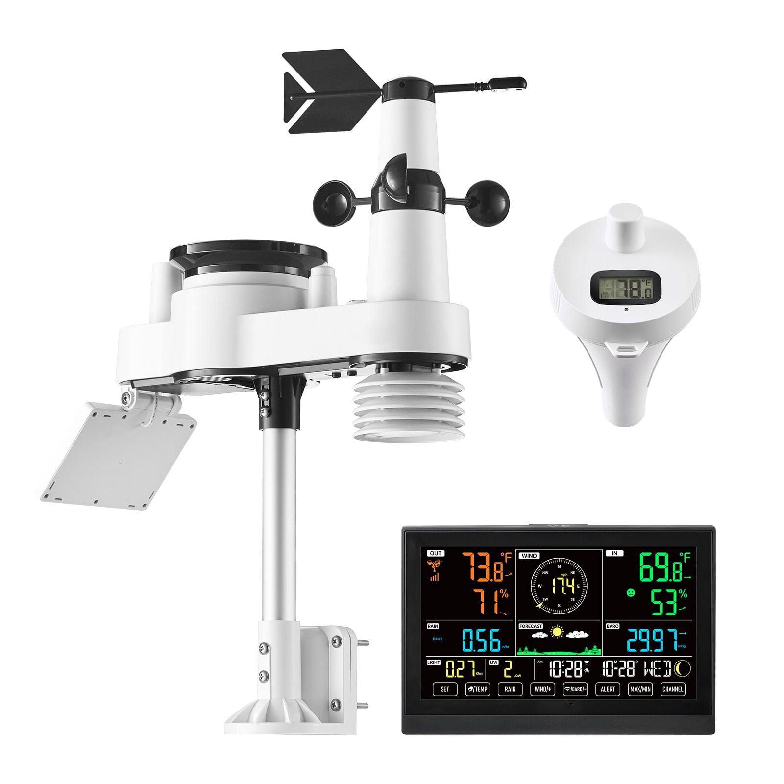 Dranite 7-in-1 Wi-Fi Weather Station with APP, 7.5" Display, Wireless Solar Sensor, Pool Temp & Rain Gauge – Indoor/Outdoor Forecast, Wind Speed Monitoring