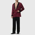 thumbnail image 2 of VNKIDY Men's Pajama Silk Burgundy Black Contrast Trim Loungewear Set Long Sleeve Robe With Belt Matching Loose Fit Pants For Home Relaxing Classic Homewear, 2 of 6