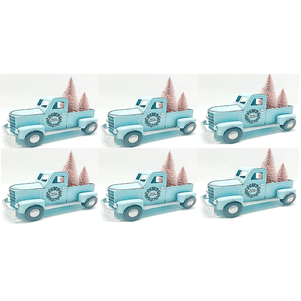 Holiday Time Set of 6 Car with Tree Ornament. Whimsy Theme. Aqua Blue & Pink Color.