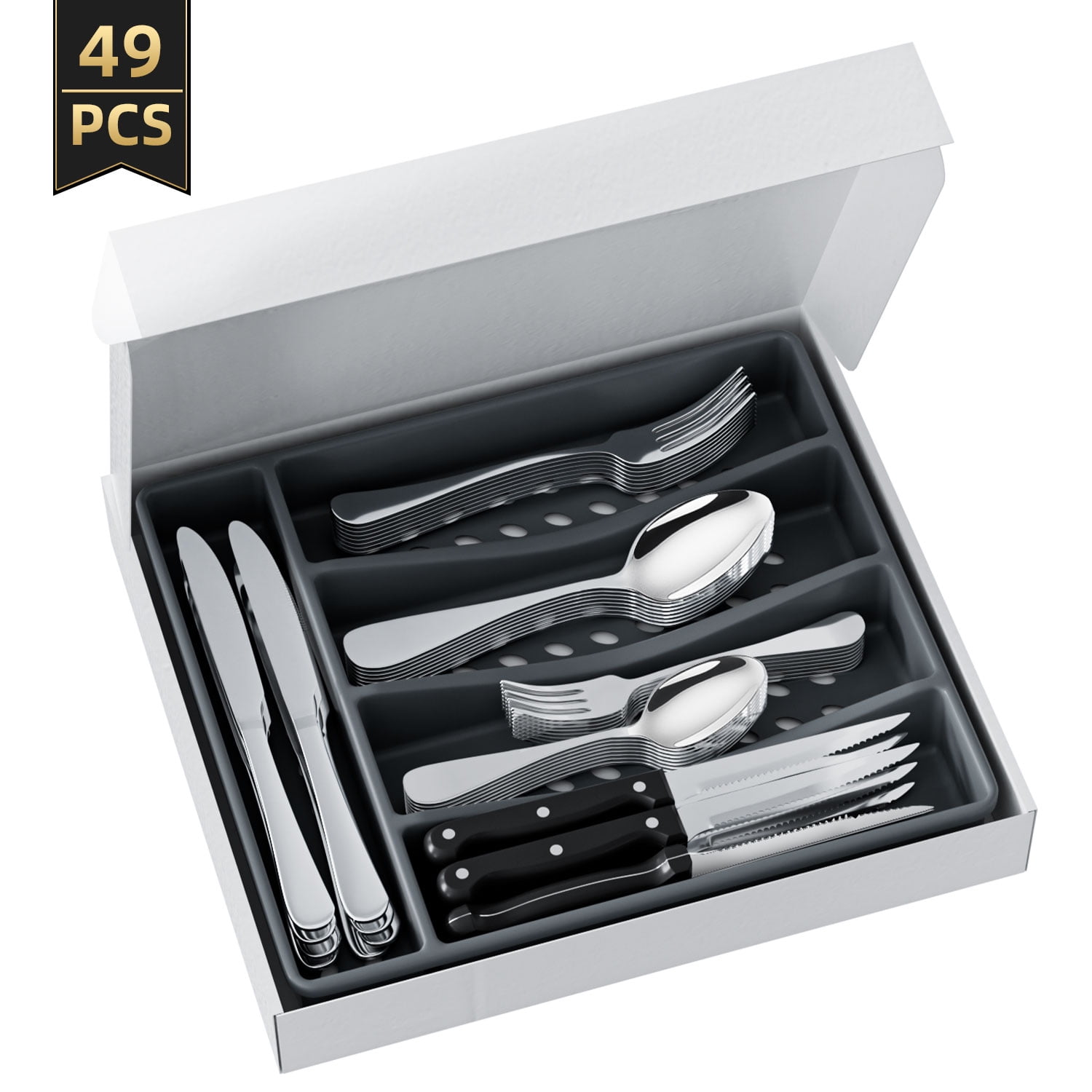 TINANA 48 PCS Silverware Sets with Organizer, Silver Flatware Set Set for 8, Premium Stainless Steel Cutlery Utensil Set with Steak Knives Forks and Spoons, Dishwasher Safe