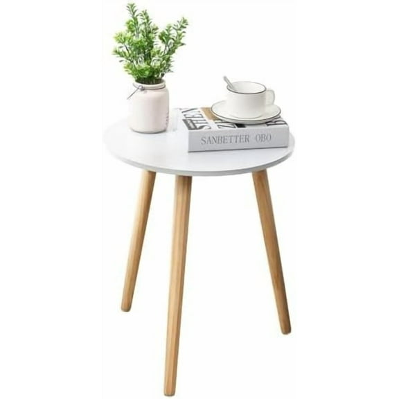 Round Side Table, White Bedside Table Coffee End Table for Bedroom, Living Room, Small Spaces, Easy Assembly Nightstands with Natural Wood Legs, 16.5 x 20.5 Inches
