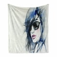 thumbnail image 1 of Urban Soft Flannel Fleece Throw Blanket, Woman with Sunglasses and Blue Hair Hand Drawn Art Watercolor Portrait, Cozy Plush for Indoor and Outdoor Use, 50" x 70", Coconut Blue and Black, by Ambesonne, 1 of 6