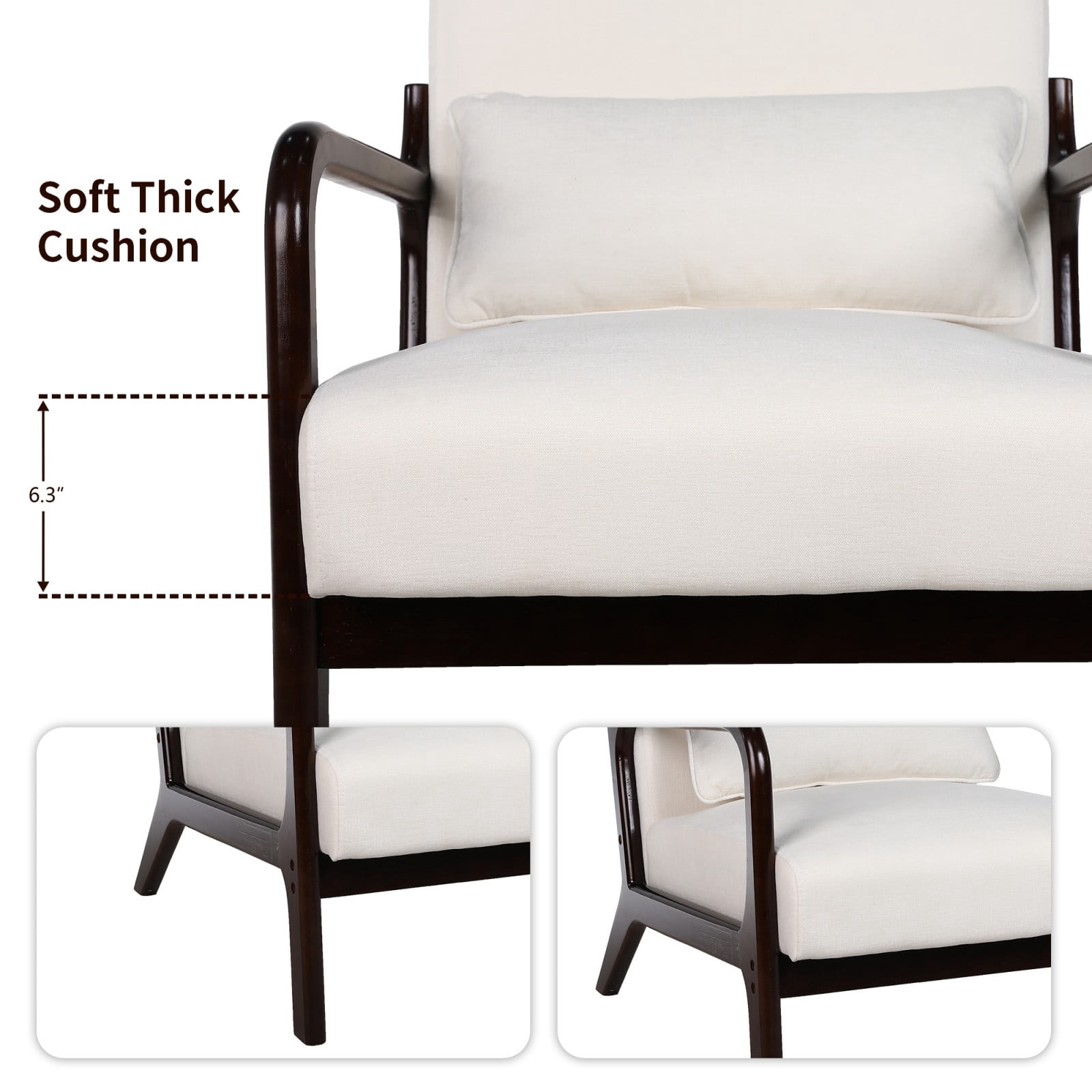 Mid Century Modern Armchair Accent Chair with Solid Rubberwood Frame & Detachable Lumbar Pillow, Upholstered Living Room Bedroom Office Reading Chair, Beige