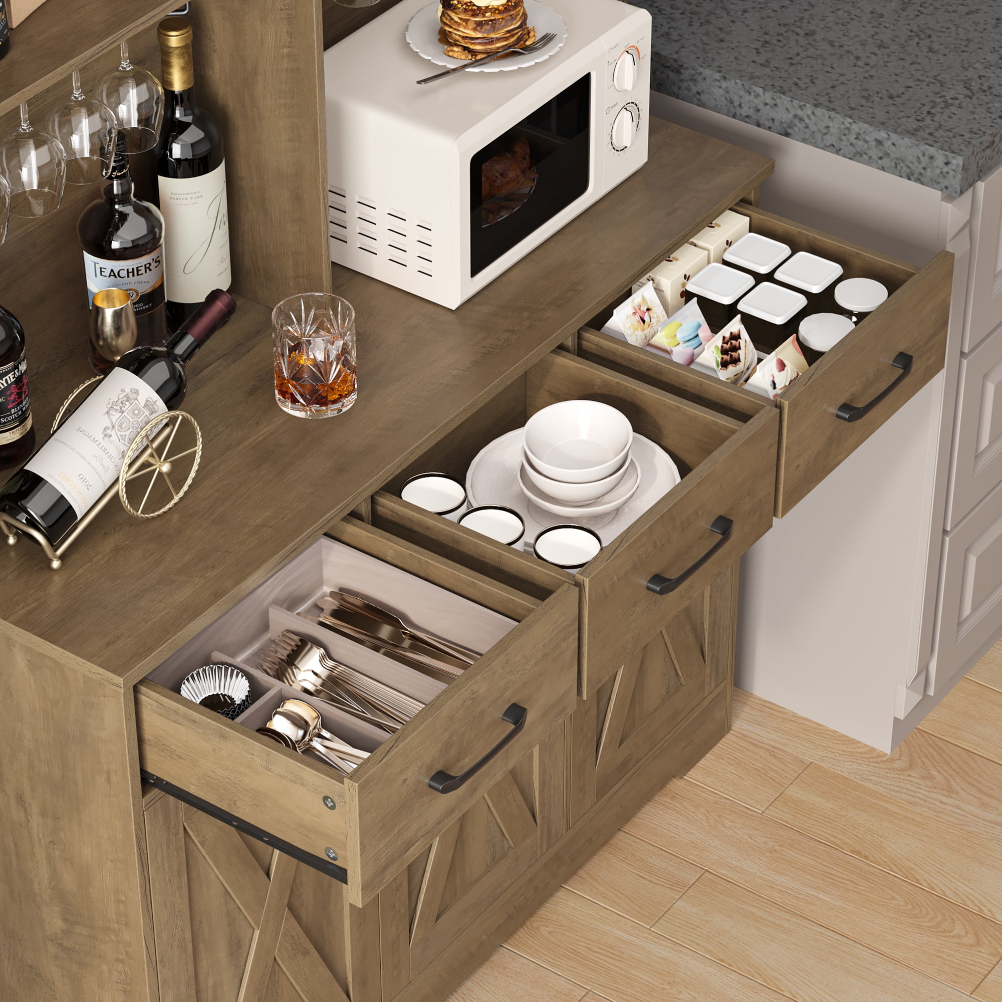 Homfa 60” Tall Kitchen Pantry with Hutch, 3 Drawers Coffee Bar with 3 Doors, Hutch Cabinet with Adjustable Shelf for Dining Room, Rustic Brown