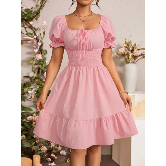 Pink Square Neck Ruched Waist A-Line Dress With Puffed Sleeves And Tiered Hem