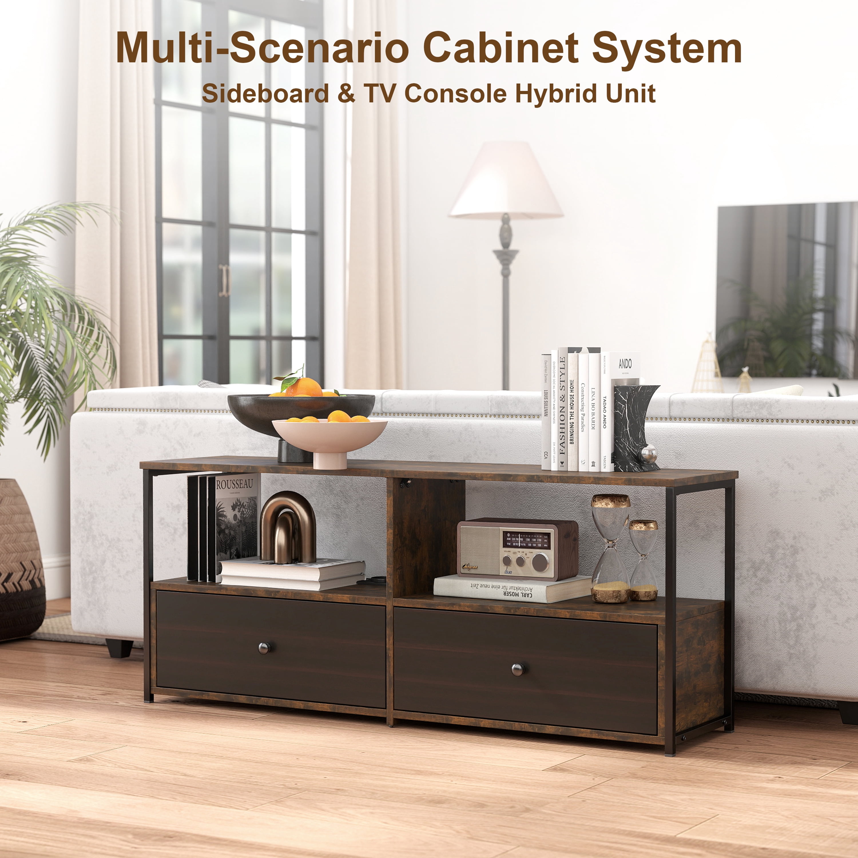 Manora Mid Century TV Stand for 55-60'' TVs, Media Console Table with Storage for Living Room, Brown