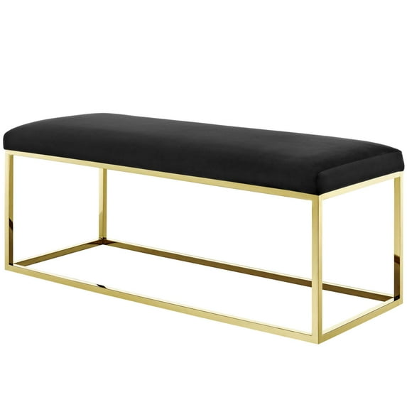 Modern Deco Contemporary Urban Design Living Room Lounge Club Lobby Accent Chair Bench, Velvet Fabric Metal Steel, Gold Black