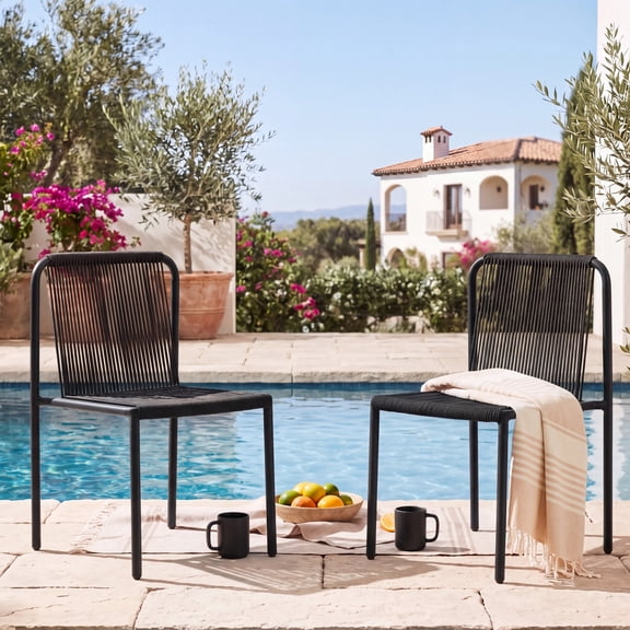 Christopher Knight Home Outdoor Armless Dining Chair, Metal Frame with Handwoven Rope, Black, Set of 2