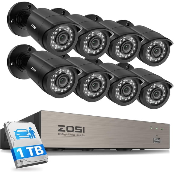 ZOSI 8CH 3K Lite CCTV DVR System with 1TB HDD, 8 x 1080P 1920TVL Weatherproof Cameras, 5MP Lite Recording, AI Human/Vehicle Detection, H.265 , Night Vision