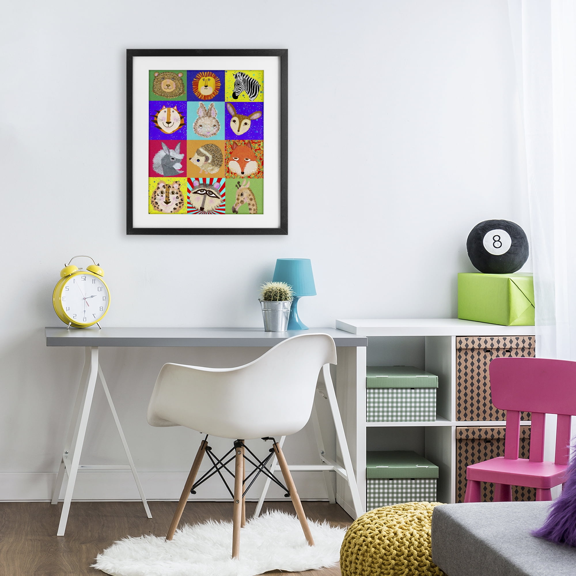 Furry Faces Animals Black Framed Print Under Glass, design by Lynnda Rakos