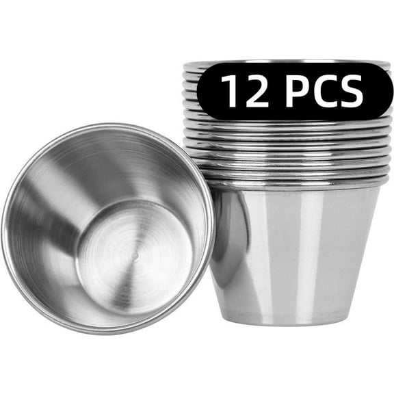 LQQBOX 12 Pcs 2.4 oz Metal Ramekins Sauce Cups Stainless Steel Condiment Cups Round Dipping Containers for Vinegar Butter Ice for Kitchen Restaurant Catering Camping BBQ Party