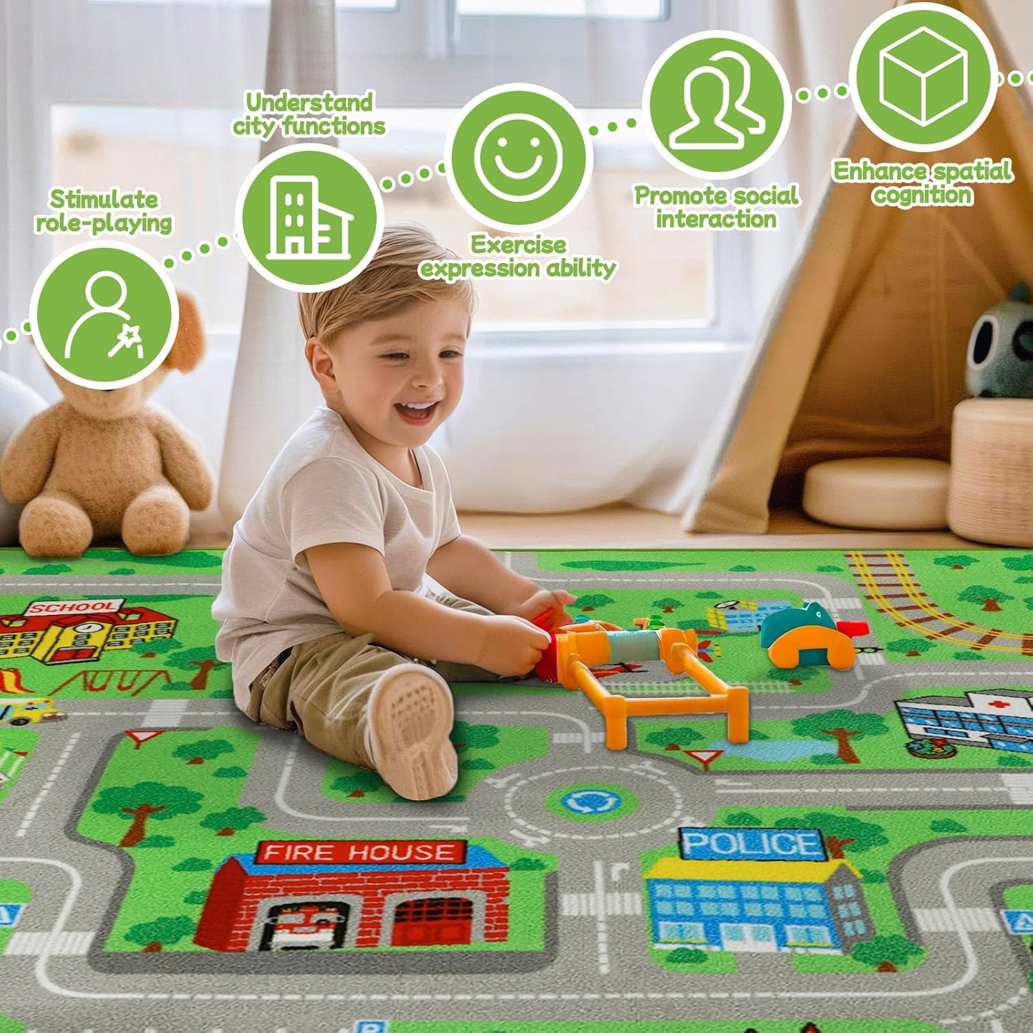 ORGOWEL Kids Carpet Playmat Rug 59"x78.7" Traffic Road Kid Play Car Mat Non-Slip Children Educational Game Car Mat Area Rug for Playroom Bedroom,Large Town City Road Map Car Mat for Baby,Green