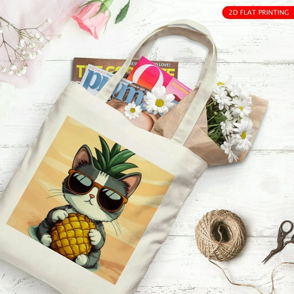 RKSupls Summer Cat Canvas Tote Bag, Reusable Shoulder Tote Bag for Women and Men, Large Durable Canvas Shoulder Bag Perfect for Grocery Work Beach Shopping