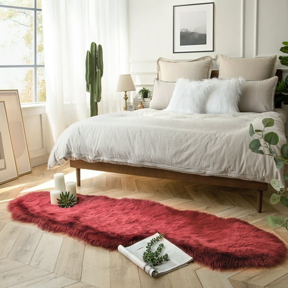 Soft Fluffy Faux Sheepskin Fur Area Rug, Home Decorative Indoor Floor Mat, Red, 2 x 6 Feet