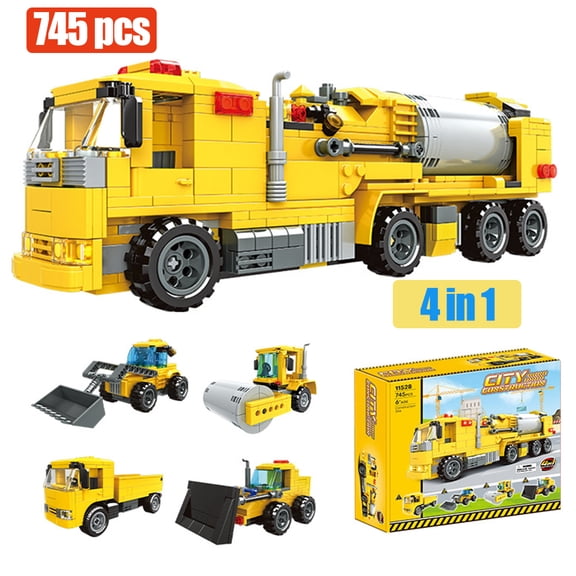 Honchoes 4-in-1 Construction Vehicle Building Set Compatible with Lego Truck Bulldozer Excavator Road Roller for Boys 745Pcs