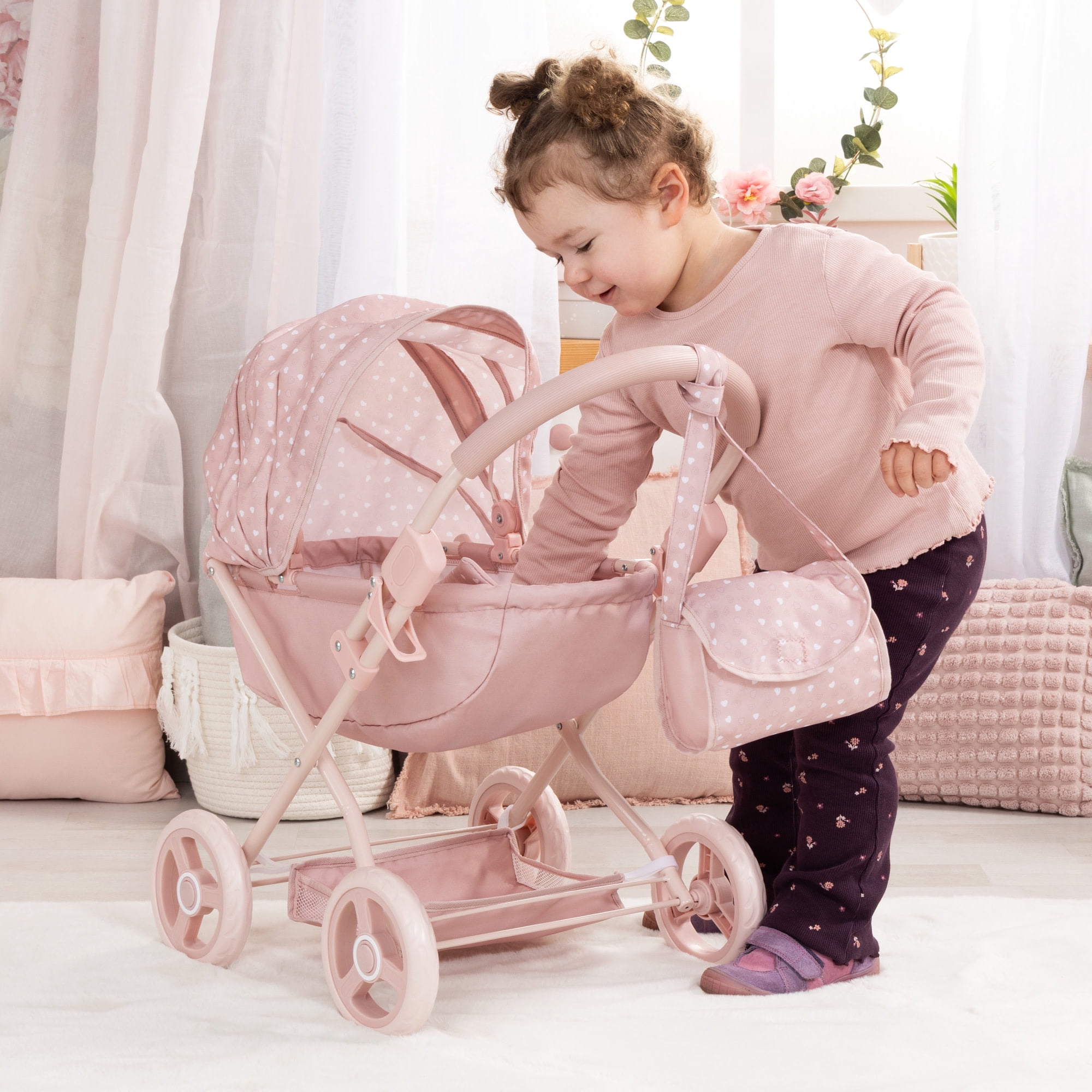 Bayer Design: Doll Pram Cosy - Soft Pink & Polka Dot - Play Push Stroller, Handbag, Blanket & Pillow, Folding, Toy Accessory Fits 18" Dolls, Kids 3+