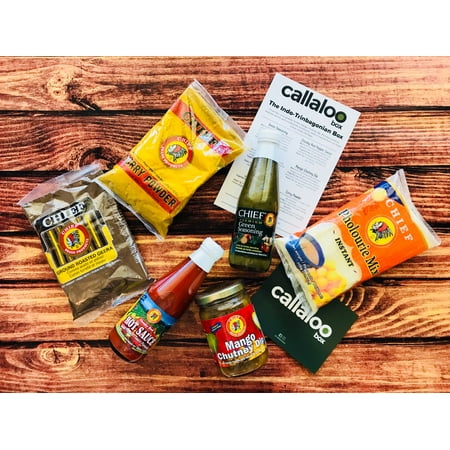 The Indo-Trinidad & Tobago Box by Callaloo Box: Curry Powder, Geera Powder, Chunky Red Pepper Sauce, Mango Chutney Dip, Pholourie Mix, Green Seasoning - Caribbean Food Box