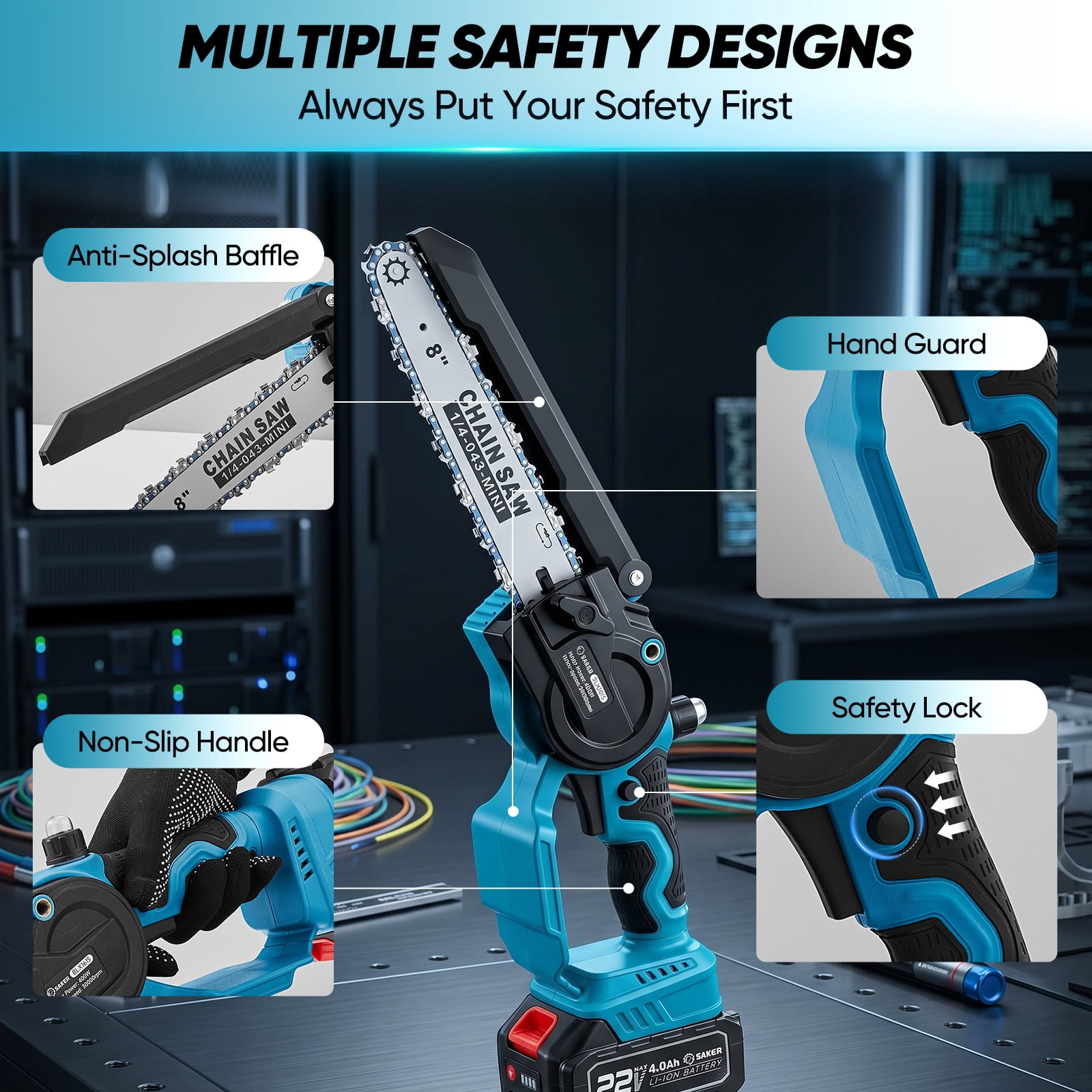 Saker 8 Inch Cordless Electric Mini Chainsaw, Portable Handheld Pruning Saw for Tree Trimming & Wood Cutting