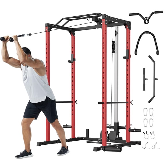 Power Cage 2000 lbs Squat Rack with LAT Pulldown, Multi Functional Weight Cage Strength Training Machine with Pulley System & Attachments for Home Gym Garage