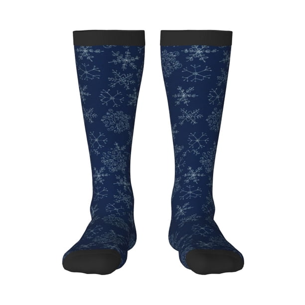Fotbe Snowflake Dark Blue Calcetas Divertidas Estampadas para Hombre y Mujer, Calcetas de Algodón hasta la Rodilla para Caminar, Correr, Enfermería y Embarazo