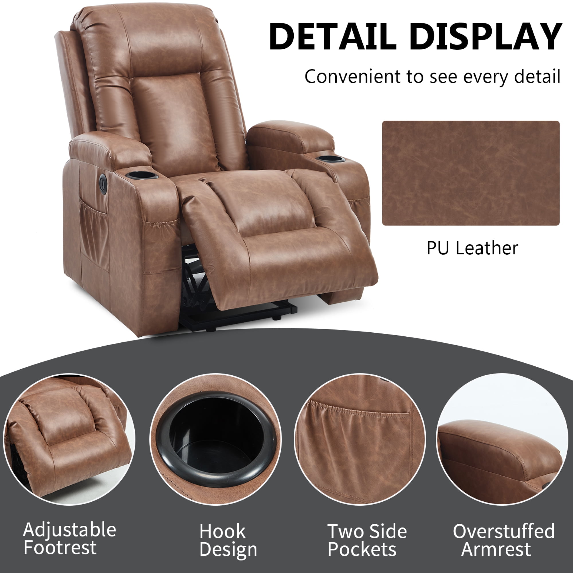 Leumius Large Power Lift Recliner Chair for Elderly,Single Sofa Chair with Massage and Heat,Electric Lift Recliners with Side Pocket and Cup Holders for Living Room,Brown