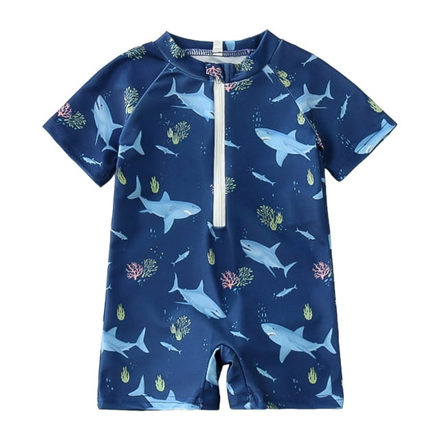 Splozh Baby Bathing Suits Toddler Boy Swimsuits Zip Up Short Sleeve Bathing Suit Animals Print Rash Guard Swimwear Blue,18-24 Months