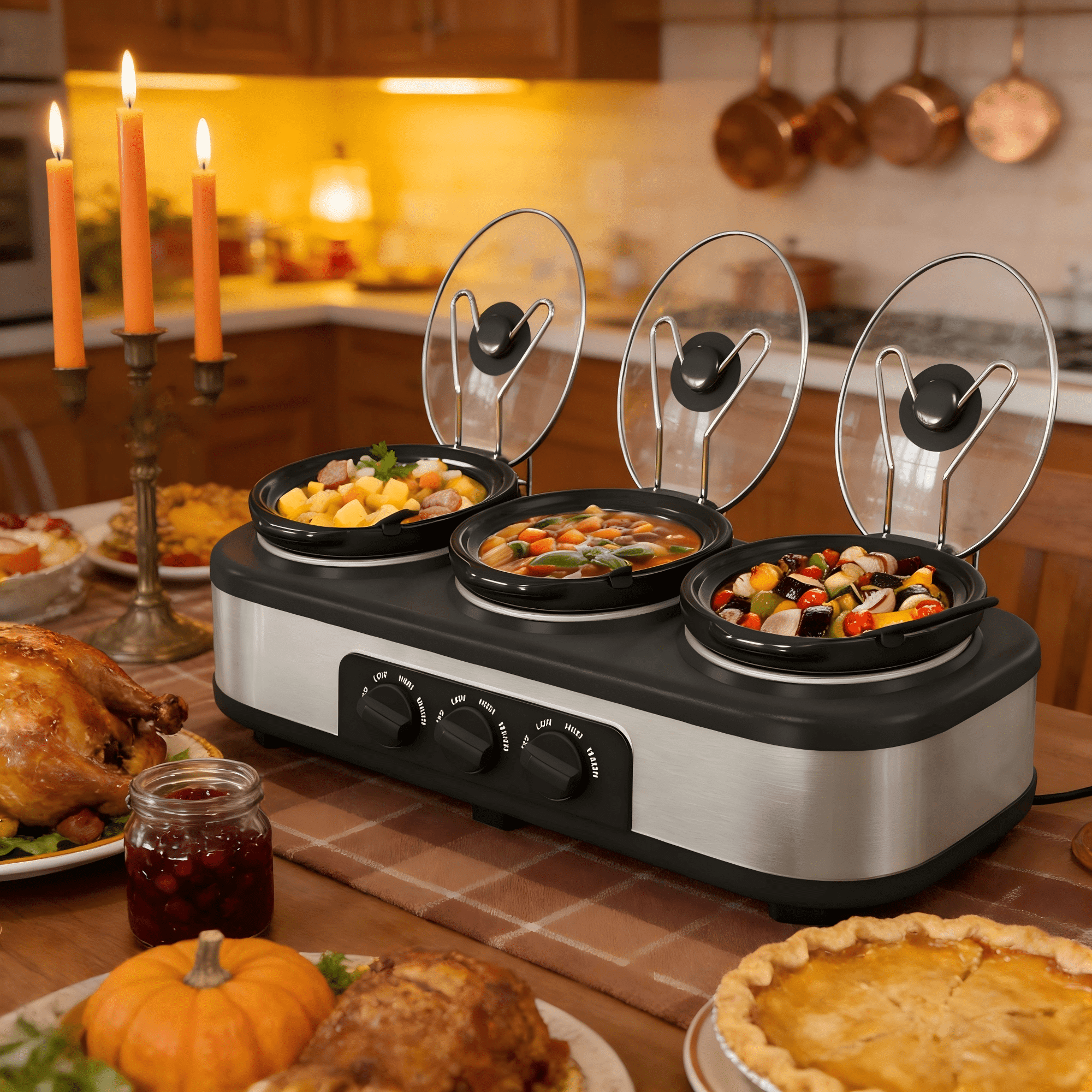 3 Pot Slow Cooker Set, Triple Slow Cooker with 3×1.5QT Removable Ceramic Crocks, 4.5QT Total, Adjustable Temperature for Family Dinner & Party,SL