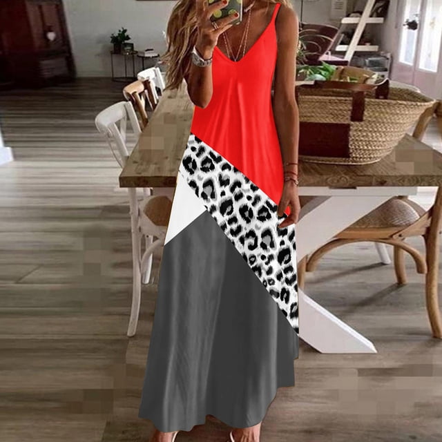 Lenago Robe Sans Manches Grande Taille pour Femmes Mode à Bretelles Col en V Sans Manches à Rayures Imprimées Ajustée Plage Longue Robe Été Robes de Plage en Liquidation