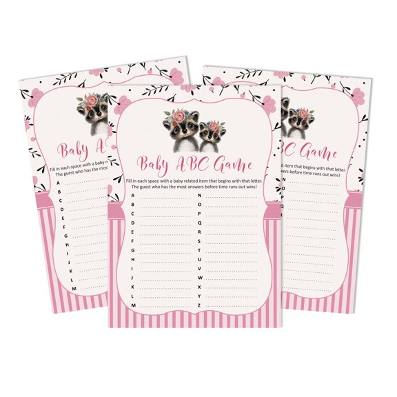 Inkdotpot Baby Shower Game Set Of 50 BabyAlphabetABCGame Raccoon Jungle Animals Party Supplies