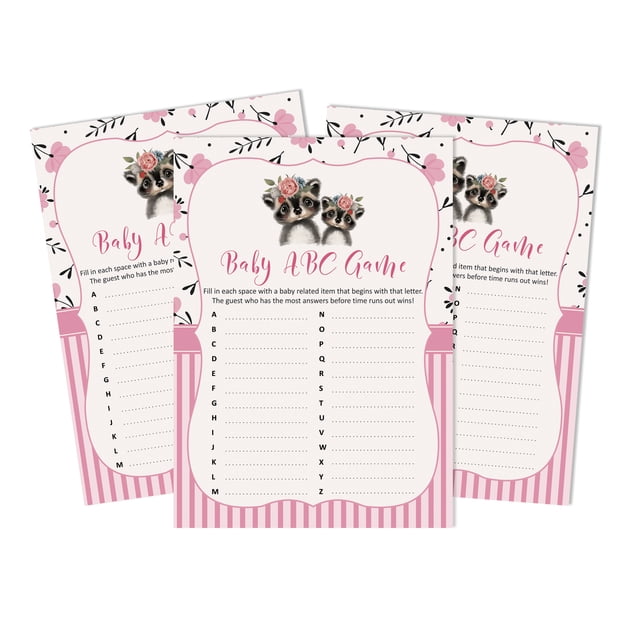 Inkdotpot Baby Shower Game Set Of 50 BabyAlphabetABCGame Raccoon Jungle Animals Party Supplies