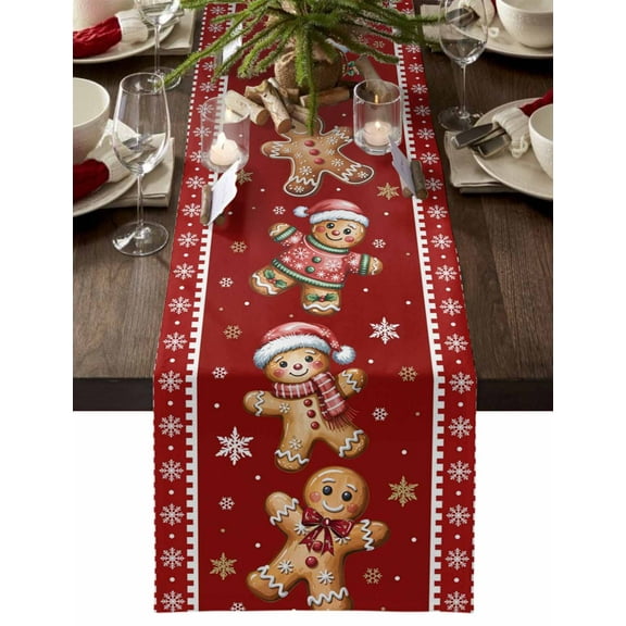 Christmas Table Runner Gingerbread Man Table Runners Red Winter Snowflake Cotton Linen Dresser Scarf Kitchen Dining Table Decor for Christmas Holiday Party Decor 13x72 Inch