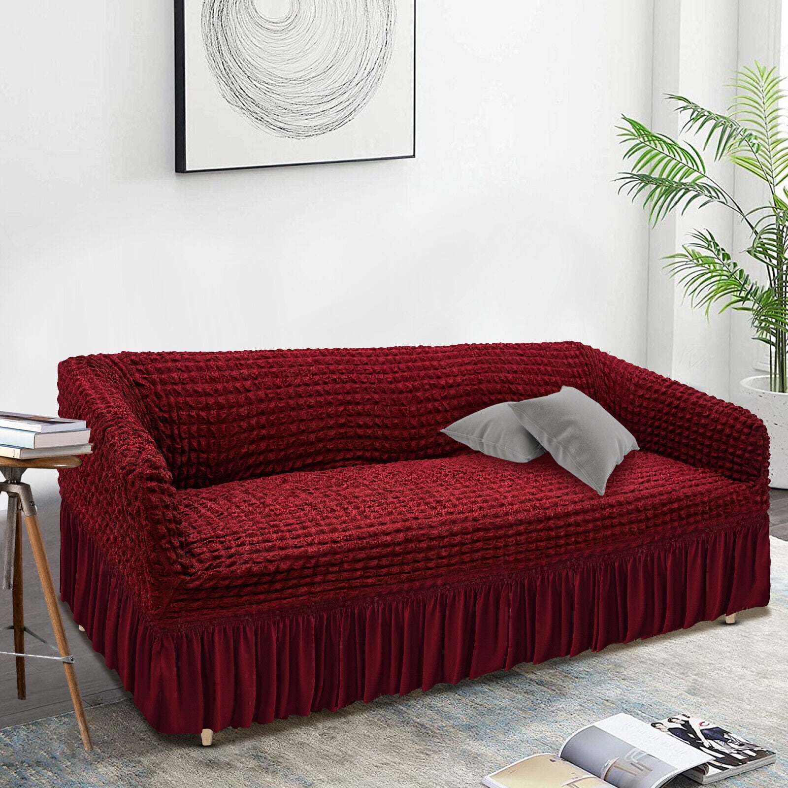 Durable Sofa Couch Cover with Skirt, High Elastic Sofa Slipcover, Stretch Slipcover Universal High Elastic Furniture Protector (Wine Red)