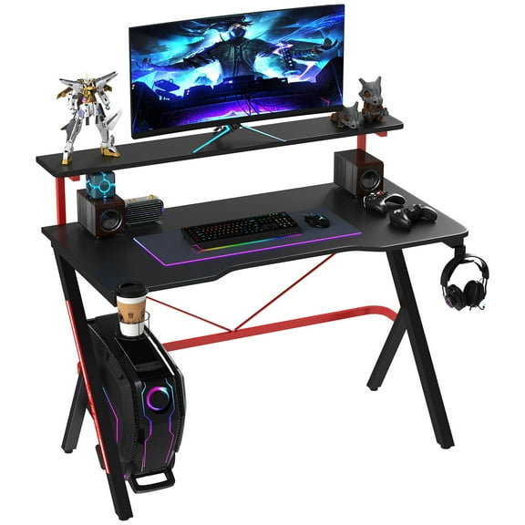Office Desks HOMCOM 47 Inch Gaming Desk Racing Computer Desk Home Office Workstation with Elevated Monitor Shelf Rotatable Cup Holder Headphone Hook, Black,Home Office Desks