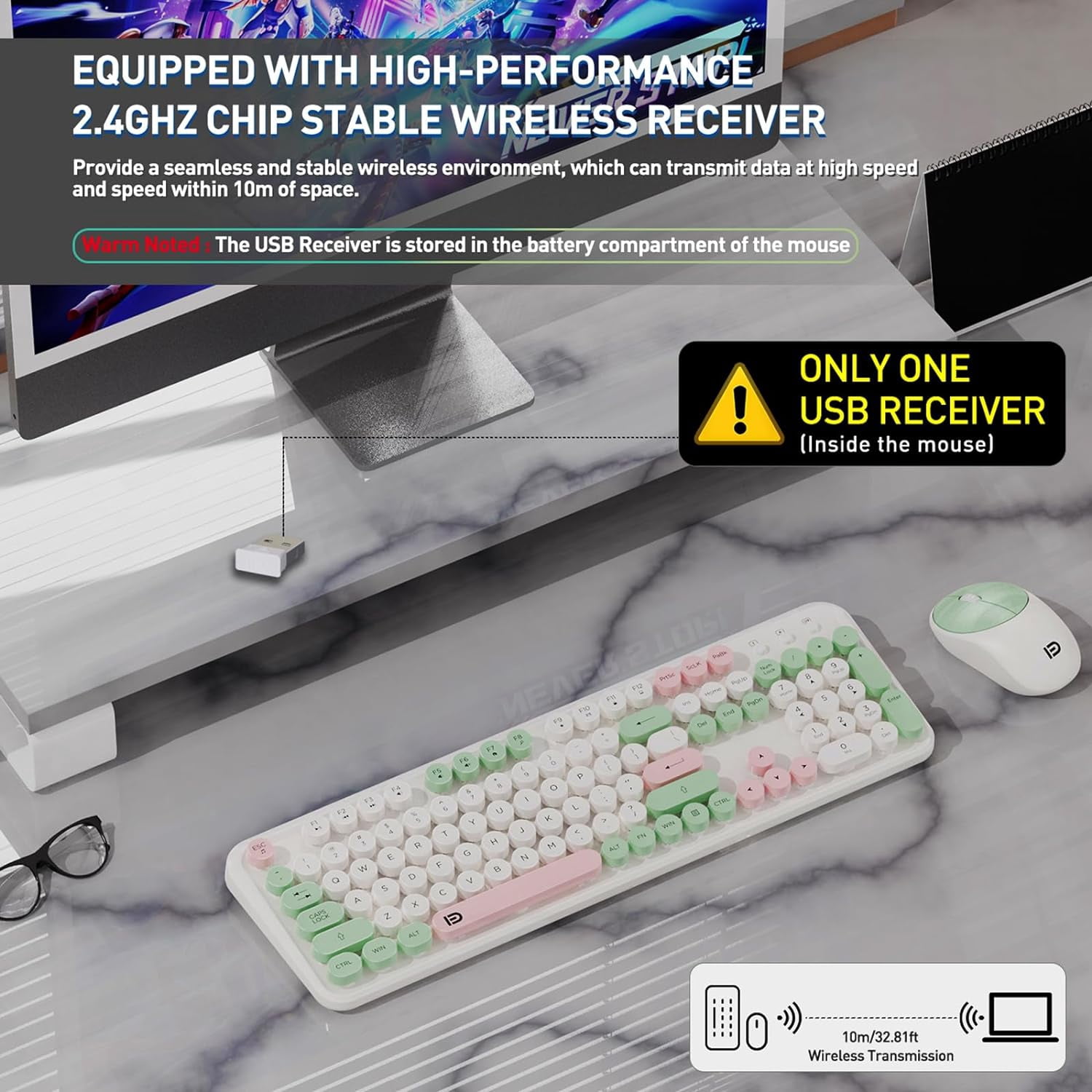 2.4GHz Wireless Keyboard and Mouse Set with Switch Button - Full-Size Keyboard - Compatible for Windows/Laptop/PC
