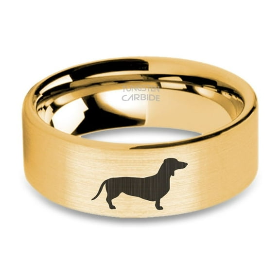 Wiener Dog Dachshund Engraved Gold Brushed Tungsten Wedding Band, 8mm, Size 15
