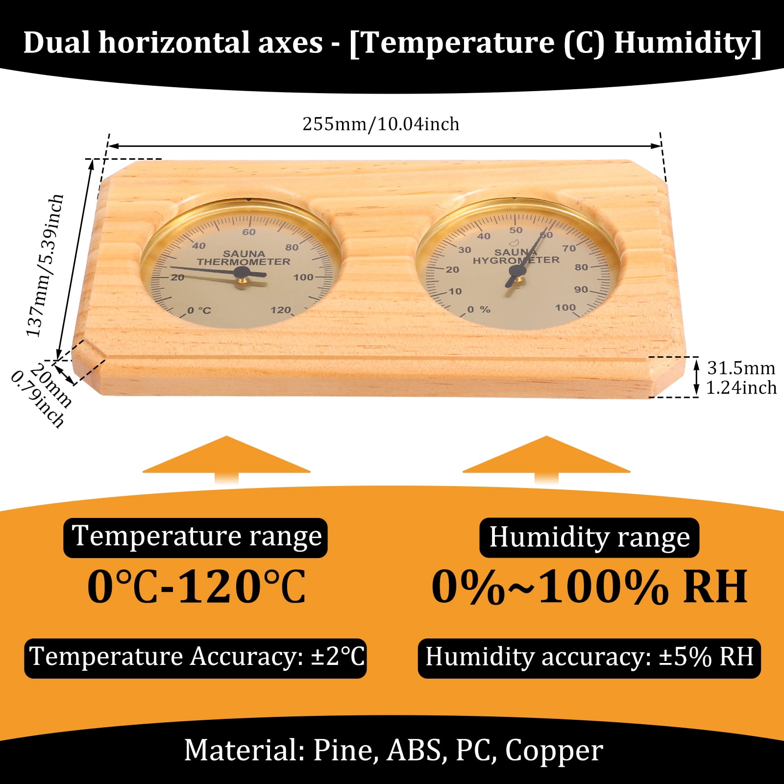 2 in 1 Sauna Thermometer and Hygrometer Wall Mount Design Dual Temperature and Humidity Gauge Split Dial Design for Sauna Room