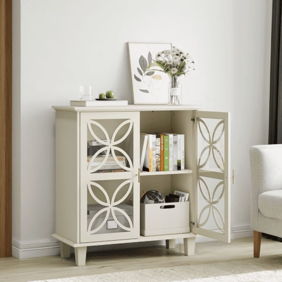 Storage Cabinet, Freestanding Bathroom Cabinet With Tempered Glass Doors, Modern Retro Kitchen Console Table, 2-Door Decorative Storage Cabinet, Cream Color
