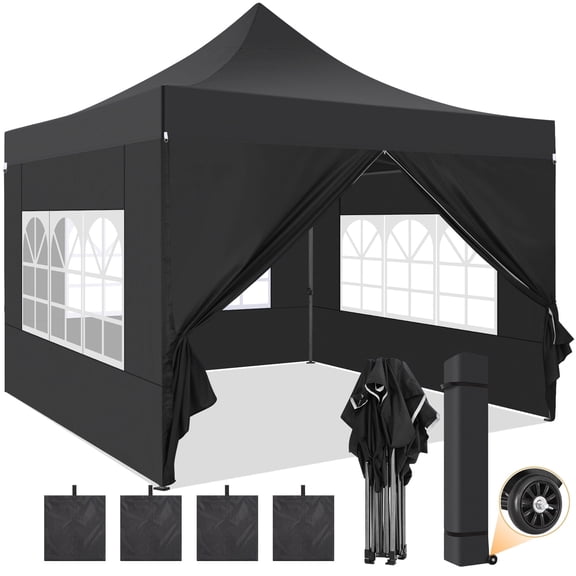 SANOPY 10x10 FT Heavy Duty Pop up Canopy , Commercial Canopy Tent, Adjustable Height Party Tent with 4 Removable Sidewalls, 4Sandbag，Rollerbag, Black